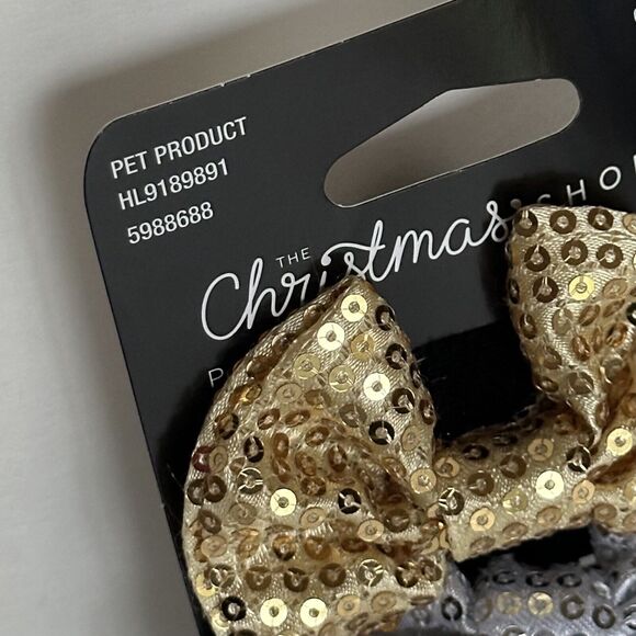 Set of 4 Dog Holiday BOWS Christmas Holiday Gold Silver Sequin Tartan Plaid - Picture 2 of 4
